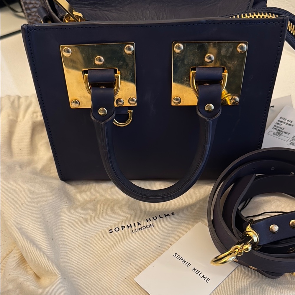 Sophie Hulme Blue and Gold Satchel with Structured Design